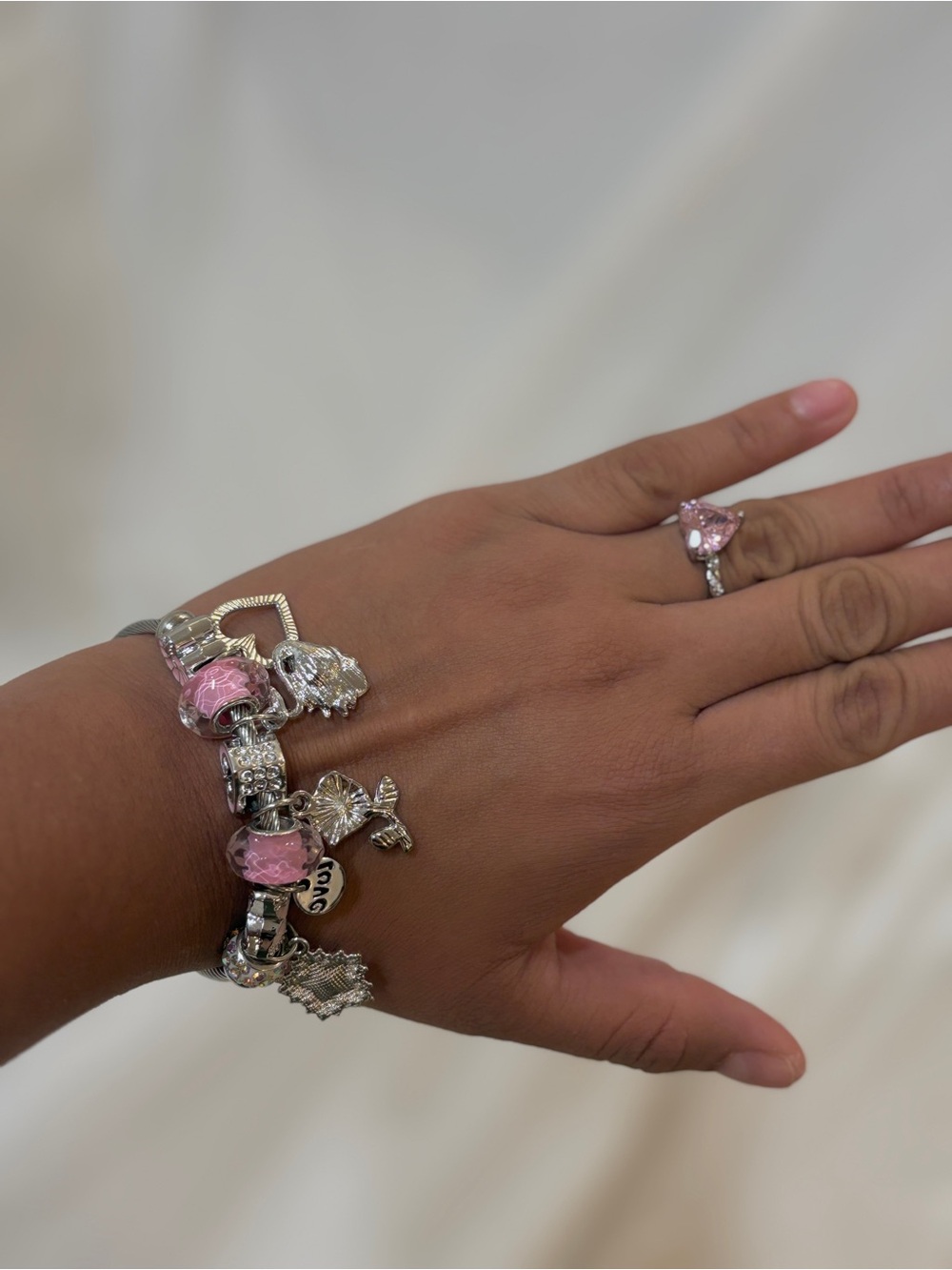 Silver Charm Bracelet and Pink Heart Ring Set - Pink Silver Women's Jewelry